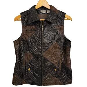 Chicos Faux Leather Patchwork Vest Brown Black Zip Front Size 1 Y2K Small Biker